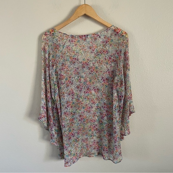 Lavender Brown Silk Floral Sheer Top Flutter Bell Sleeve Pastel Size Medium - Picture 5 of 10